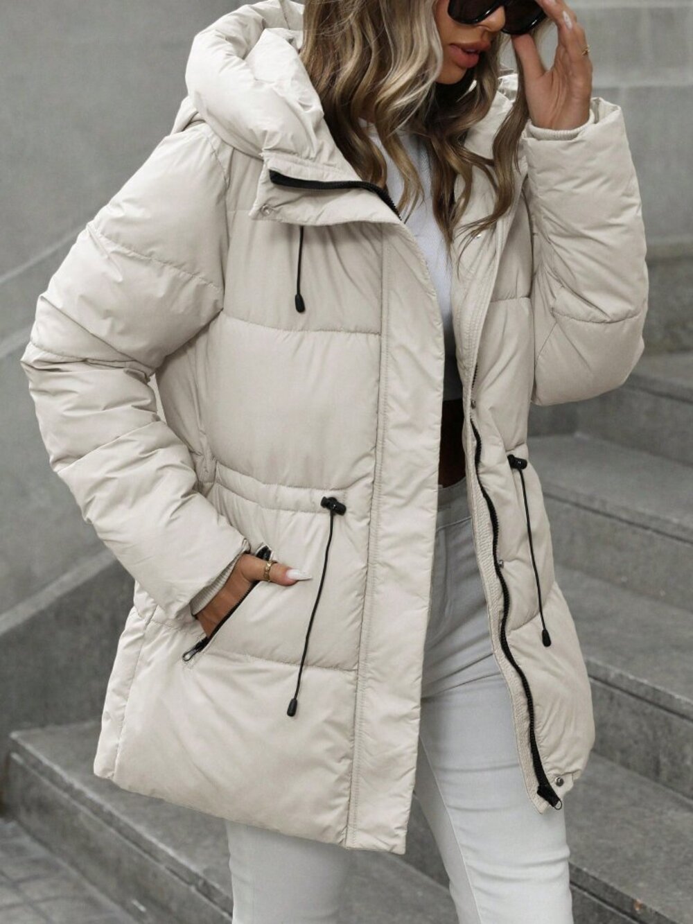Beige Casual Women's Mid-Length Slim Fit Padded Hooded Padded Coat - Picture 4 of 5